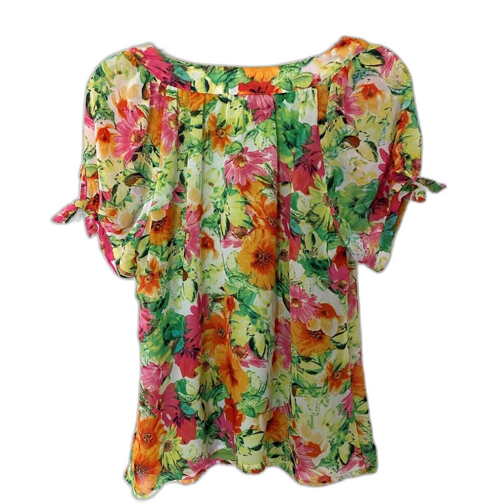 Sara Michelle Floral Green Floral Blouse Lined Scoop Neck Lined Multicolor Top S - Picture 3 of 7